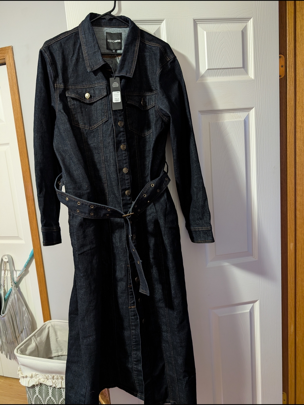 Fashion Nova Dark Blue Denim Jacket Dress with Contrast Stitching